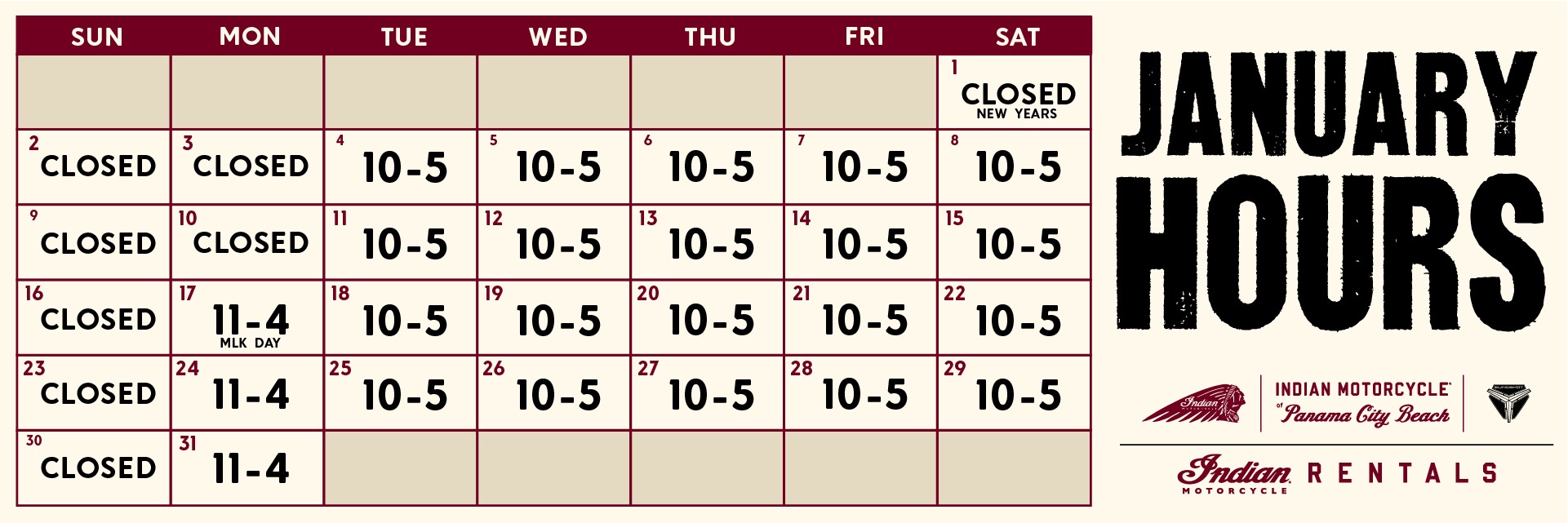 January Store Hours